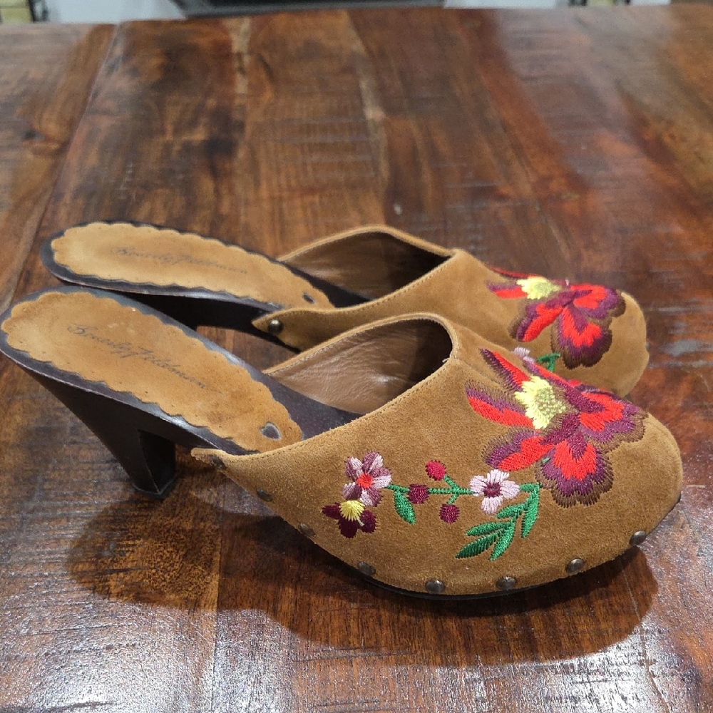 Beverly Feldman Embroidered Brown Women's Heeled Boho Mules